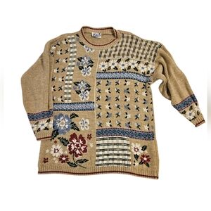 Vtg Laura Tan Floral Knit Sweater Tunic Sz XL